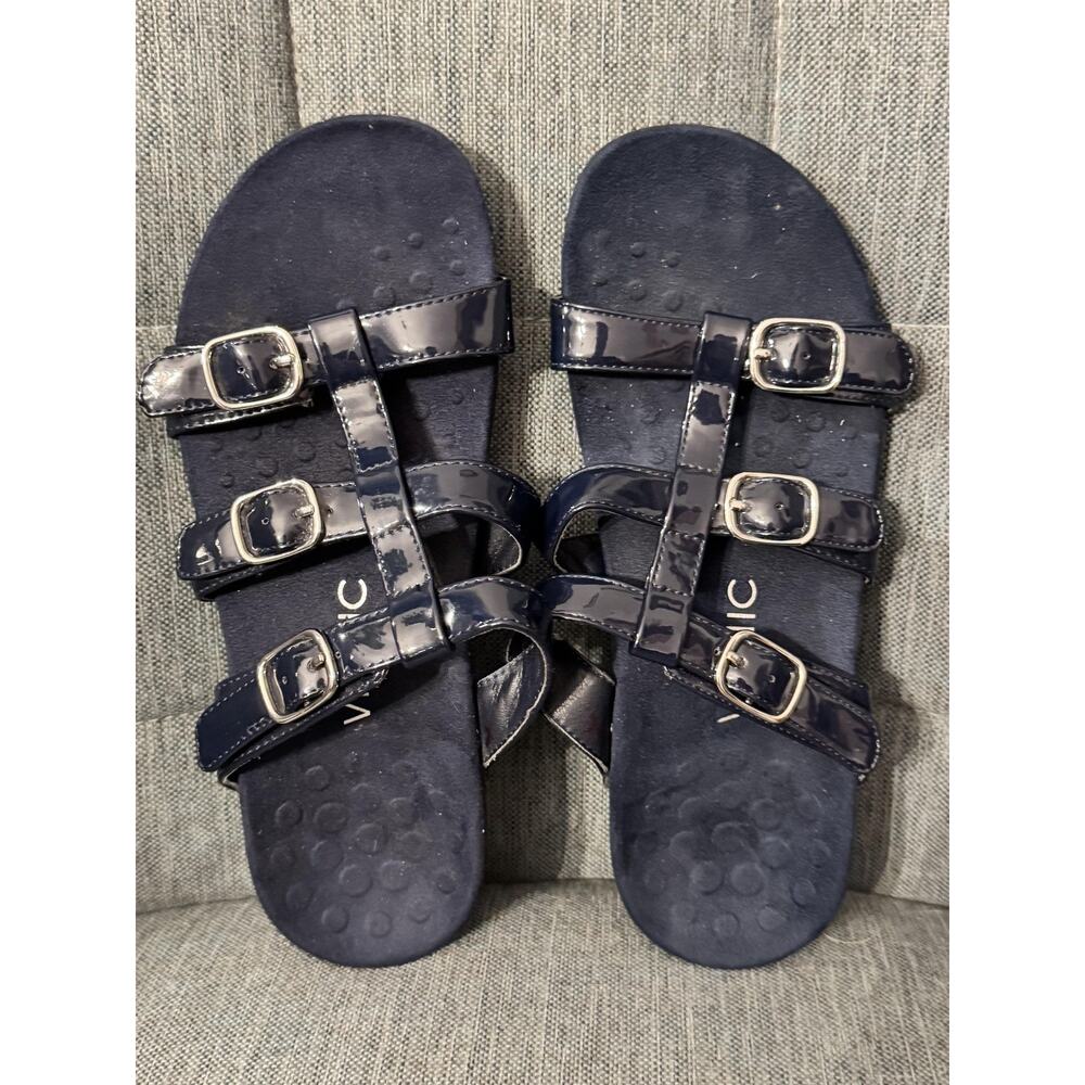 Vionic Sandals Womens 8 Blue Patent Slide Triple Buckle Comfort Orthotic MISA - Picture 5 of 7
